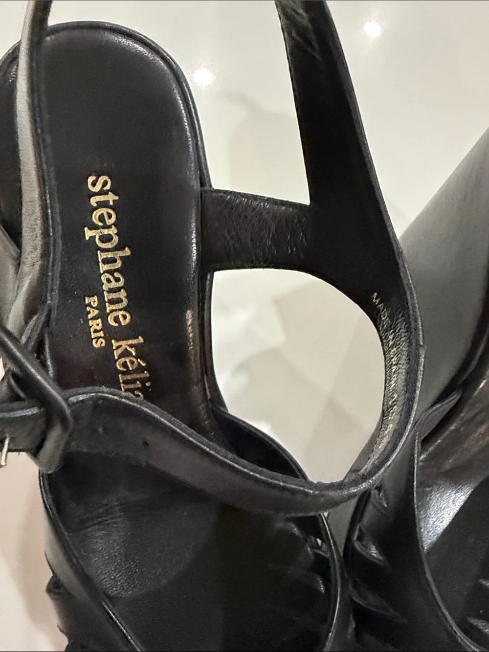 Stephane Kelian Black Leather Peep-Toe Wedge Sandals vintage brand new!